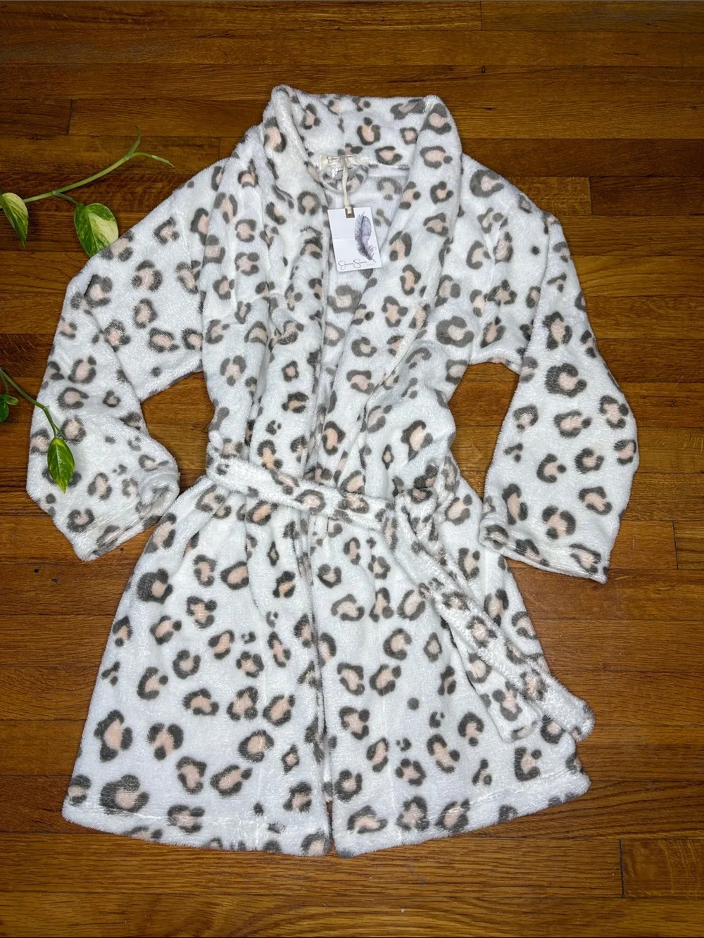 Jessica Simpson Kids Plush Leopard Robe - Cream, Pink & Gray